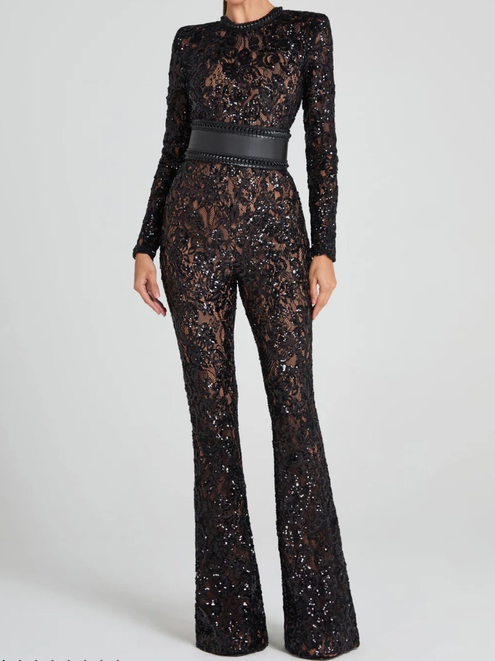 Sequin Lace Long-Sleeve Jumpsuit in Black